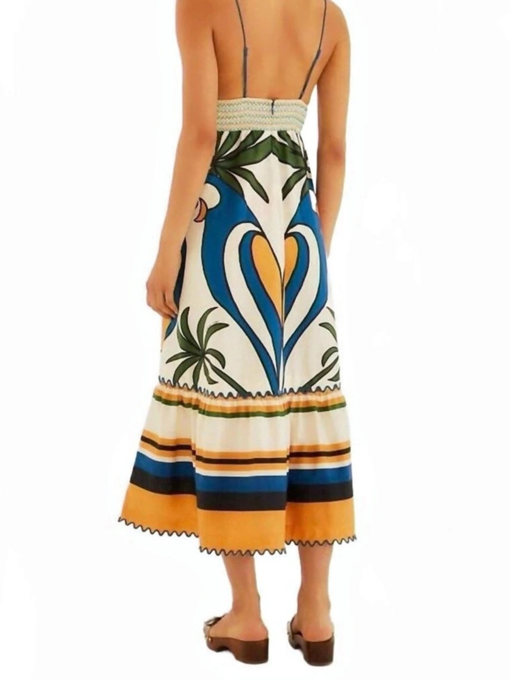 Farm Rio Mixed Rainbow Toucans Midi Dress Blue & Orange - Picture 2 of 5